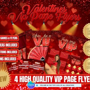 Op de afbeelding: Vier rode en gouden Valentijnsdag VIP-paginaflyers met de tekst "Spin for a VIP", "Join my VIP" en "New VIP Games & Flyers". De flyers zijn ontworpen voor makers van volwassen content en bevatten originele flyers, nieuwe ideeën, instructies en bijschriften.