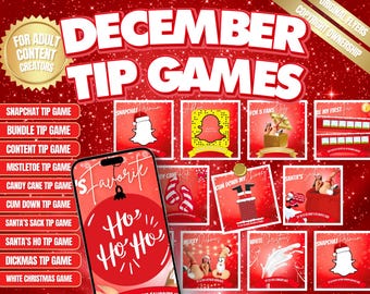 Puede incluir: Un gráfico rojo y blanco con el texto "December Tip Games" y una lista de diferentes juegos de propinas para creadores de contenido para adultos. Los juegos incluyen "Snapchat Tip Game", "Bundle Tip Game", "Content Tip Game", "Mistletoe Tip Game", "Candy Cane Tip Game", "Cum Down Tip Game", "Santa's Sack Tip Game", "Santa's Ho Tip Game", "Dickmas Tip Game" y "White Christmas Game".