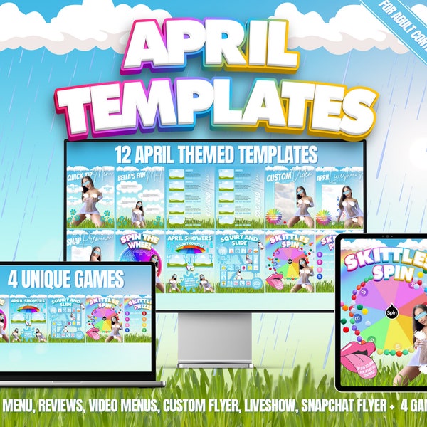 12 OnlyFans April Spring Templates, Video Menus, Liveshow Template, Spin the Wheel, Skittles Spin, April Showers Contest, Board Game & More!