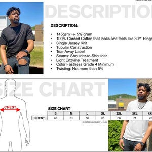 May include: A black crew neck t-shirt is modeled in this image. The shirt is made of 100% carded cotton and features a tear-away label. The image also includes a size chart with chest measurements in centimeters, ranging from 46 cm to 76 cm.