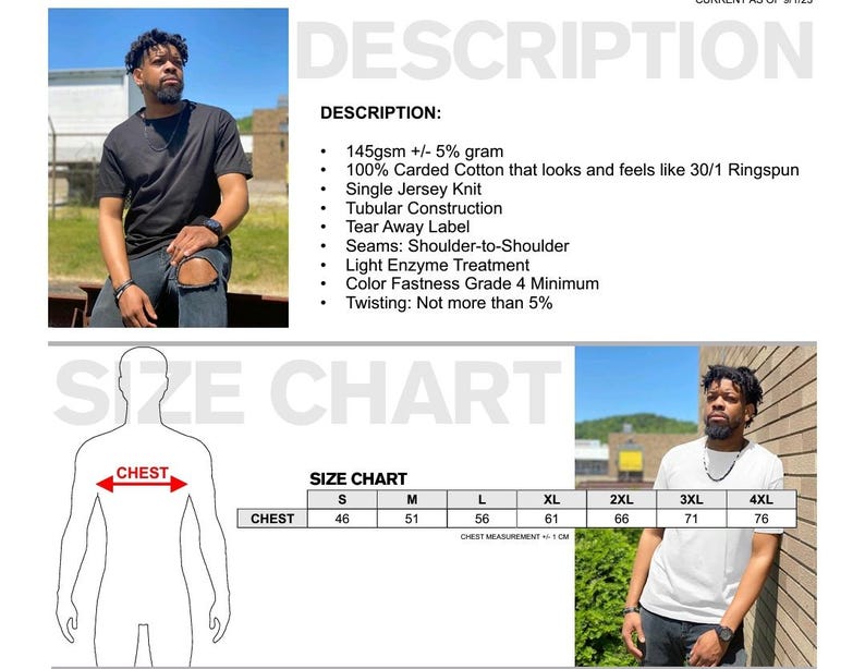May include: A black crew neck t-shirt is modeled in this image. The shirt is made of 100% carded cotton and features a tear-away label. The image also includes a size chart with chest measurements in centimeters, ranging from 46 cm to 76 cm.