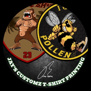 May include: Circular graphic design featuring a cartoon gorilla and a bee. The gorilla is brown, wearing sneakers, and has the number 23 below it. The bee is yellow and black, also wearing sneakers, with the word "POLLEN" below it. The design is on a black background with the text "JAY'S CUSTOMZ T-SHIRT PRINTING".
