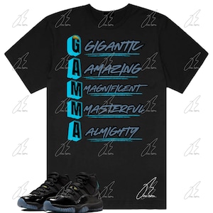 May include: Black t-shirt with the word "GAMMA" in turquoise and white, with descriptive words below. A pair of black and gold sneakers with a translucent sole are at the bottom of the image.