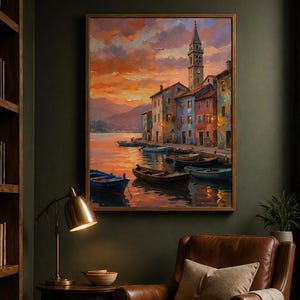 Impression de peinture à l'huile de bateaux du port côtier, oeuvre d'art de coucher de soleil en bord de mer de village méditerranéen (téléchargement numérique)