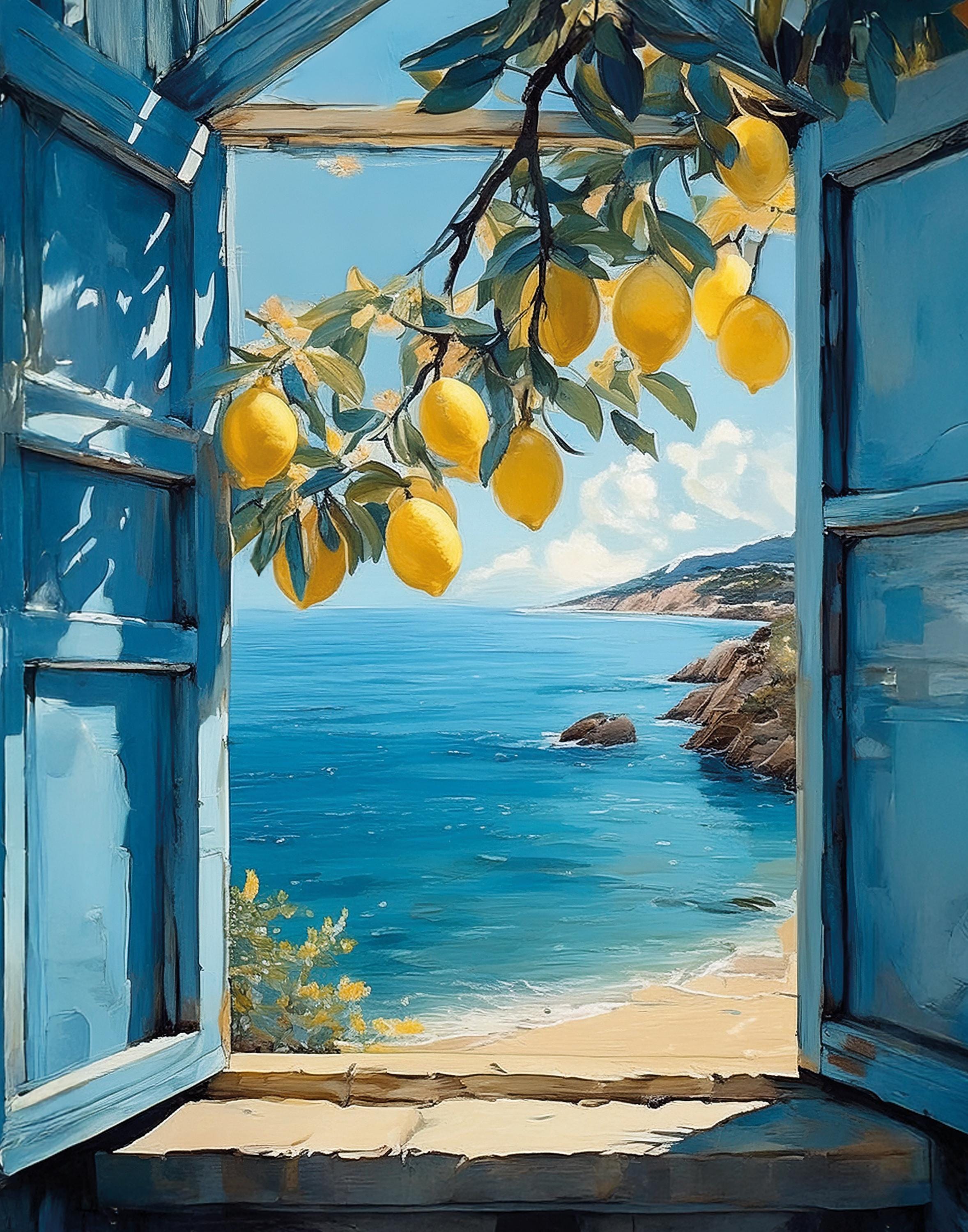 Mediterranean Lemon Tree Coastal Print – Blue Window View (digital ...