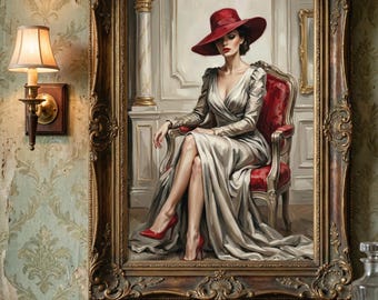 Elegant Woman Portrait Wall Art, Red Hat Fashion Oil Painting (Digital Download)