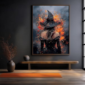 Fiery Witch Art Print: Gothic Halloween Decor (Digital Download