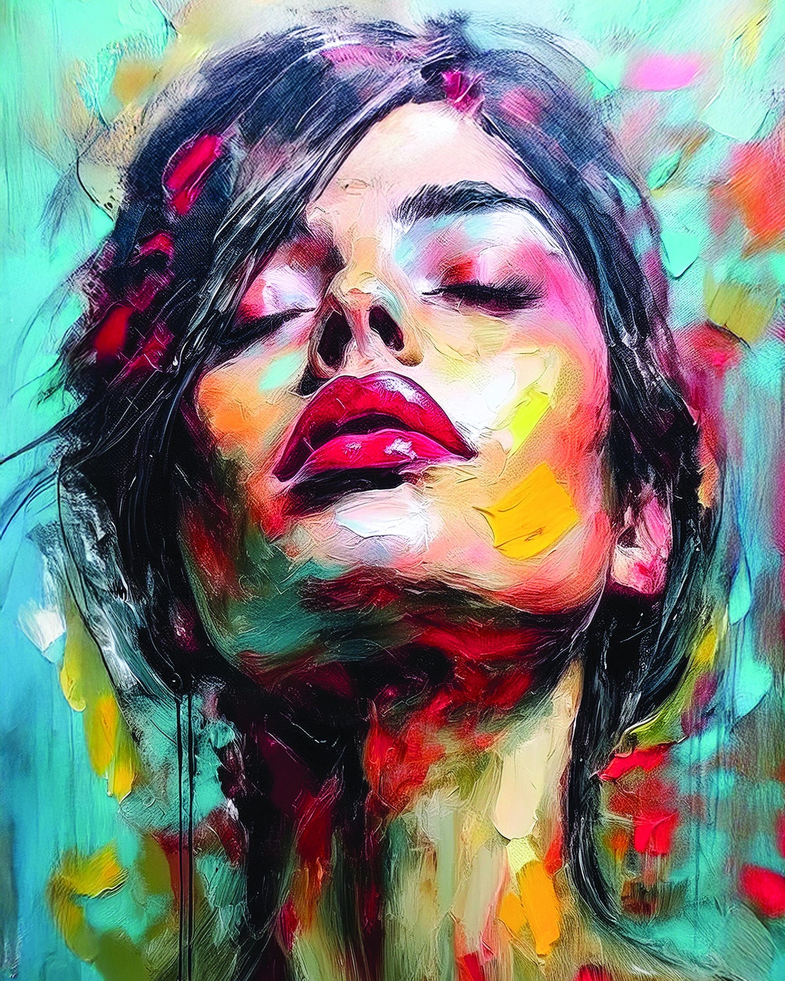 Expressionist Woman Portrait: Abstract Colorful Oil Painting Print ...