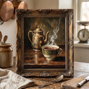 Vintage Teapot Wall Art Printable, Tea Cup Painting Kitchen Decor