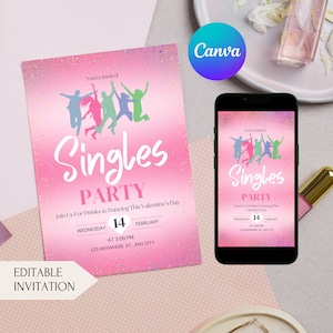 Bewerkbare Valentijnsdag Singles Party Uitnodiging Canva-sjabloon voor digitale download Mobiele uitnodigingskaart Girls Night Single Celebration