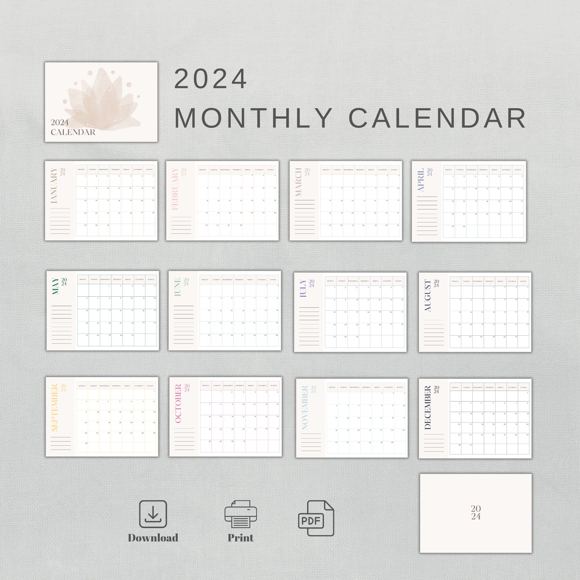 Printable Calendar 2024, Monthly Planner 2024, Horizontal US Letter