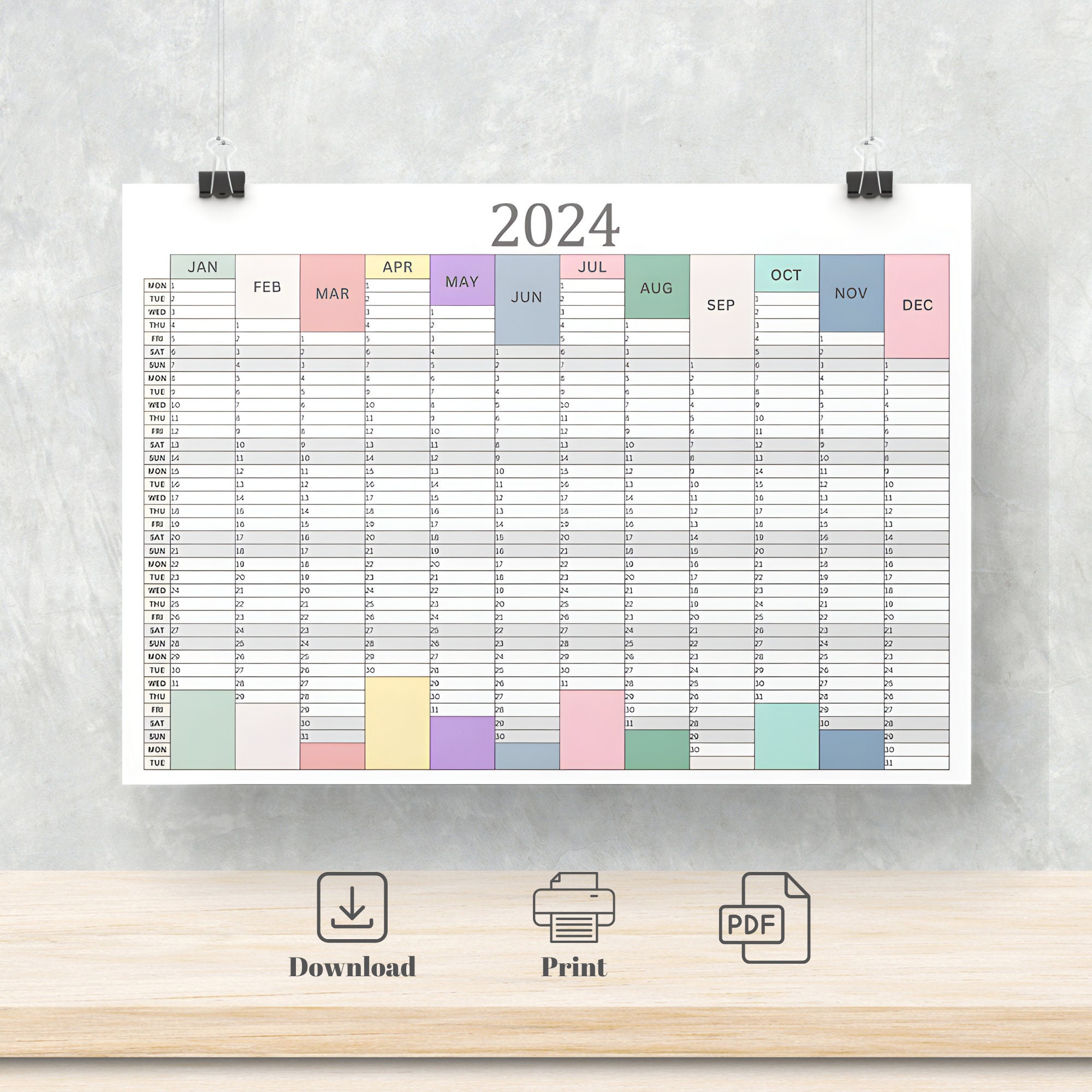2024 Wall Calendar Printable Calendar Planner Colorful Themed Yearly ...