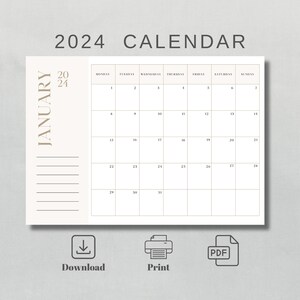 Printable Calendar 2024, Monthly Planner 2024, Horizontal US Letter & A4, 2024 Minimalist Calendar, 2024 Wall Calendar, Desk Calander 2024