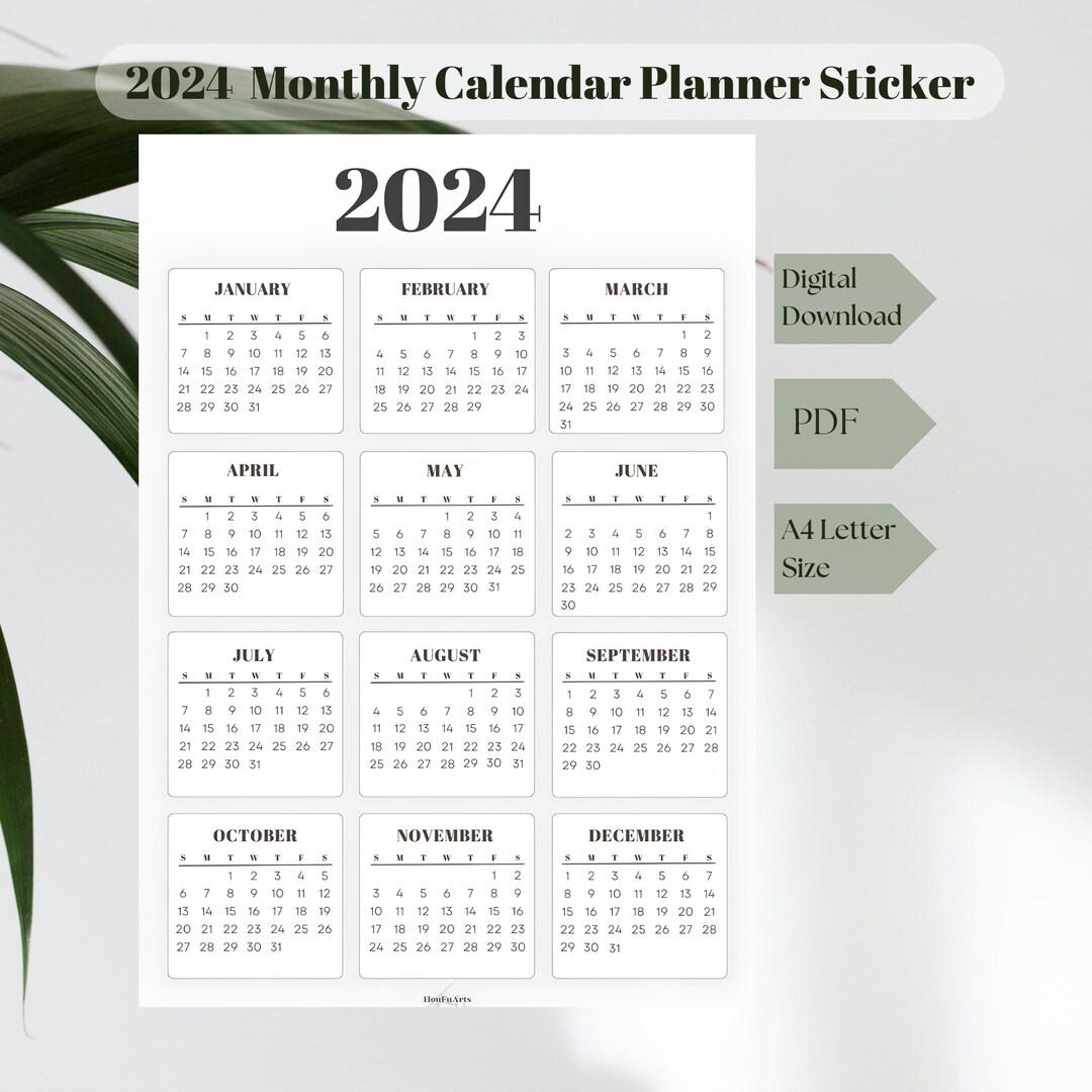 Printable 2024 Monthly Calendar Planner Sticker, 2024 Yearly Month ...