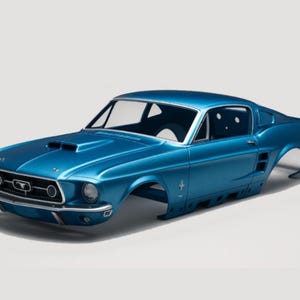 May include: A blue classic car body with a hood scoop, chrome accents, and a Mustang emblem. The car is missing wheels and other components, suggesting it is a model or project car. The body is painted in a vibrant blue.