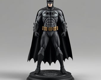 Può includere: Statuetta dettagliata di Batman in posa dinamica, in piedi su una base rotonda nera. La figura è prevalentemente grigia e nera, con una cintura dorata. Il mantello è nero e la figura ha un'espressione severa. La base ha un emblema.
