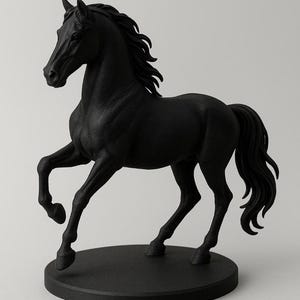 May include: A matte black horse sculpture in a rearing pose. The horse has a flowing mane and tail, and is mounted on a circular base. The sculpture is a decorative item.