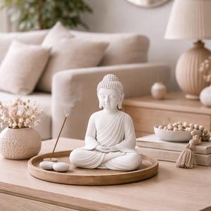 Puede incluir: Una estatua de Buda blanca en posición de meditación sentado sobre una bandeja de madera con incienso y piedras. La bandeja está sobre una mesa de centro de madera clara. Un sofá beige y objetos decorativos están en el fondo.