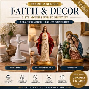 Pode incluir: Um pacote premium Faith & Decor com três modelos STL para impressão 3D. A imagem mostra uma cruz moderna, uma estátua do Sagrado Coração de Jesus e uma estátua da Sagrada Família. O texto inclui "3 Beautiful Models - Endless Possibilities."