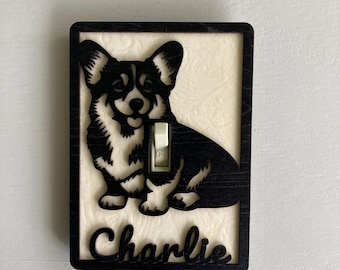 Personalized Corgi Switch Plate Cover - Magnetic Wooden Light Switch Cover, Custom Dog Name Decor, Pet Lover Gift, Corgi Wall Art