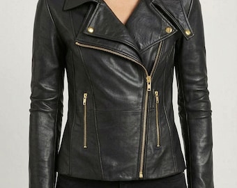 Women Slim Fit Black Biker Sheepskin Genuine Leather Jacket | Women's Biker Handmade Sheepskin Black Motorcycle Leather Jacket