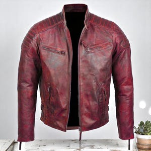 Men&#39;s Handmade Vintage Style Red Leather Jacket | Men Motorcycle Cafe Racer Antique Red Biker Leather Jacket | Red Party Jacket