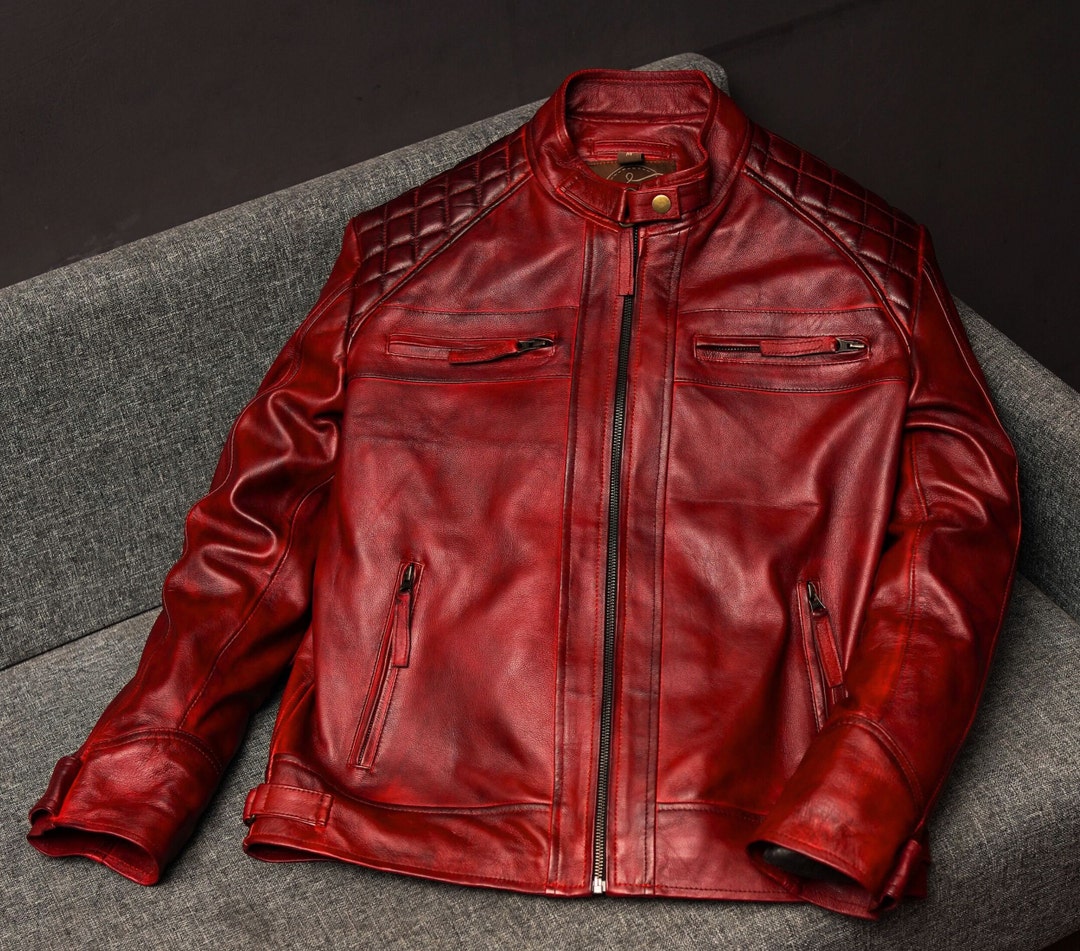 Men's Handmade Vintage Style Burgundy Red Leather Jacket Men