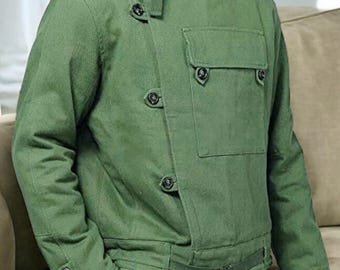 Mens Swedish Green Handmade Cotton Jacket | Men Winter Warm Army Tank Motorcycle Style Coat Vintage Overcoat / Jacket