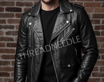 May include: Black leather motorcycle jacket with a classic asymmetrical zipper design, featuring multiple zippered pockets and a snap-down collar. The jacket has the text "THREADNEEDLE" printed on the front.