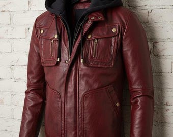 Men's Handmade Vintage Style Burgundy Red Removable Hooded Leather Jacket | Men Motorcycle Biker Style Hooded Red Leather Jacket