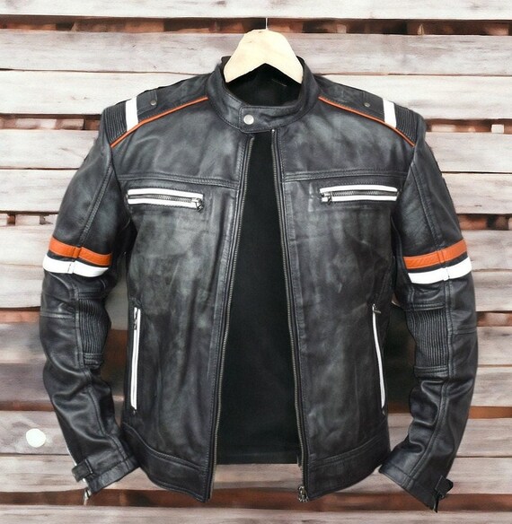Mens Biker Vintage Motorcycle Cafe Racer Retro Black Distressed Leather Jacket e