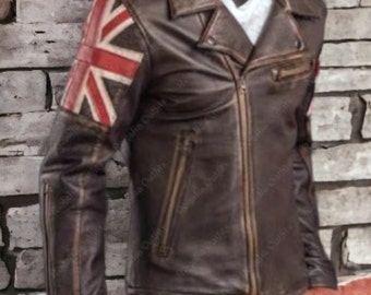 Chaqueta de cuero marrón desgastada con bandera del Reino Unido de estilo vintage hecha a mano para hombre / Chaqueta de cuero estilo motociclista para hombre / Chaqueta de fiesta marrón