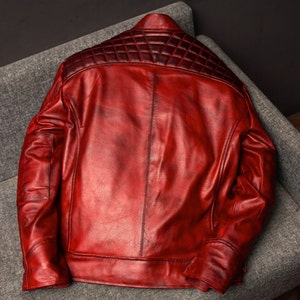Men's Handmade Vintage Style Burgundy Red Leather Jacket | Men Motorcycle Biker Style Diamond Quilted Leather Jacket | Red Party Jacket image 6