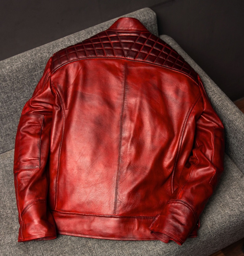 Men's Handmade Vintage Style Burgundy Red Leather Jacket | Men Motorcycle Biker Style Diamond Quilted Leather Jacket | Red Party Jacket image 6