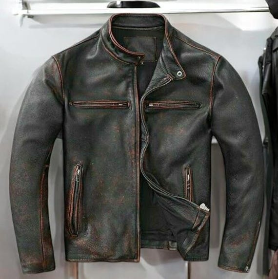 Mens Handmade Motorcycle Vintage Style Distressed Black Biker Real Leather Jacket Mens Slim Fit Motorcycle Real Leather Jacket Etsy