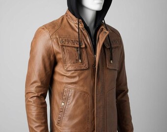 Handmade Vintage Brown Leather Jacket | Men's Detachable Hood, Biker Style