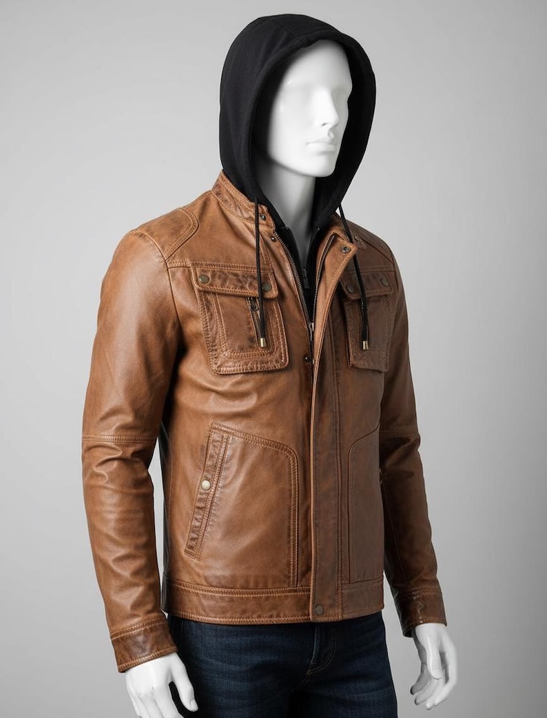 May include: A brown leather jacket with a black hooded sweatshirt underneath. The jacket has two chest pockets and two lower pockets. The jacket is buttoned and zipped up. The mannequin is wearing blue jeans.