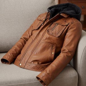 May include: A brown leather jacket with a black hood. The jacket has multiple pockets with zippers and button closures. The jacket is resting on a gray couch.