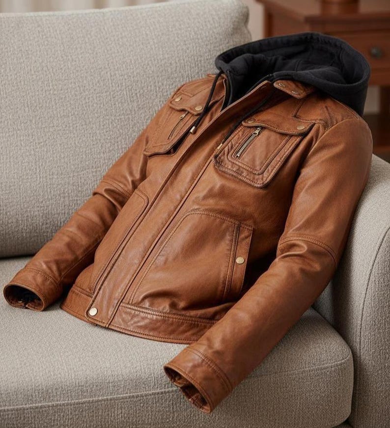 May include: A brown leather jacket with a black hood. The jacket has multiple pockets with zippers and button closures. The jacket is resting on a gray couch.