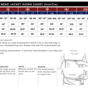 May include: A men's jacket sizing chart with measurements in inches and centimeters. The chart includes chest, shoulder, and sleeve measurements for various sizes, from XS to 4XL. Instructions and diagrams are also included.