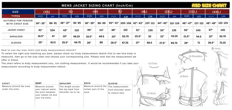 May include: A men's jacket sizing chart with measurements in inches and centimeters. The chart includes chest, shoulder, and sleeve measurements for various sizes, from XS to 4XL. Instructions and diagrams are also included.