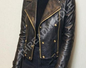 Women Slim Fit Moto Style Black Biker Sheepskin Genuine Leather Jacket | Women's  Biker Handmade Sheepskin Black Motorcycle Leather Jacket
