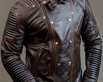 May include: A brown leather motorcycle jacket with a zipper closure and multiple pockets. The jacket has a distressed look and features quilted detailing on the sleeves.