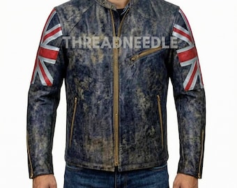 Men's Slim Fit Handmade Vintage Style Motorcycle Distressed Black Leather Jacket | Men Biker Style Union UK Flag Motorcycle Leather Jacket