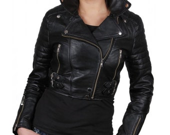 Women's Slim Fit Lambskin Black Quilted Motorcycle Leather Jacket | Women Short Length Black Leather Jacket | Women Party Wear Black Jacket