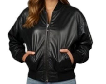 Women Oversized 90's Style Sheepskin Genuine Leather Jacket | Women's Oversized Handmade Sheepskin Black Bomber Leather Jacket