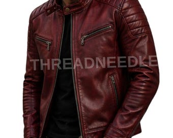 Vintage bordeauxrode leren bikerjas voor heren | Verweerde cafe racer leren jas | Slim fit leren motorjas