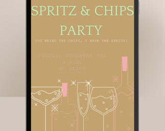 Digital Dinner Party Invite, Custom Canva Template, Digital Download, Spritz, Cocktail Glasses, Mint, Template, Girly, Girls Night