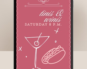 Editable Digital Dinner Party Invite, Custom Canva Template, Digital Download, Cocktail Glasses, Template, Girly, Girls Night, Digital