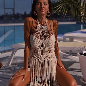 Beach rave dress, Macrame dress, boho wedding dress, Photoshoot tunic, hippie Beach Coverup, Festival burning man outfit, rave party outfit